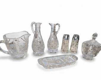 Vintage Star Cut Crystal Table Condiment Set 2 Cruets, S&P Shakers, Sugar, Cream