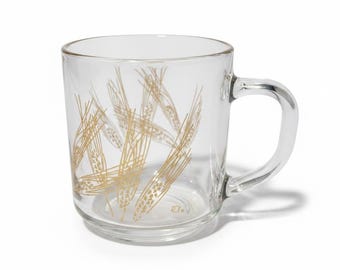 vintage Libbey Golden Gold Wheat Pattern Clear Glass Coffee Mug Cup