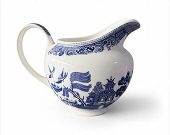Vintage Johnson Brothers Blue White Willow Pattern Ceramic Pitcher England