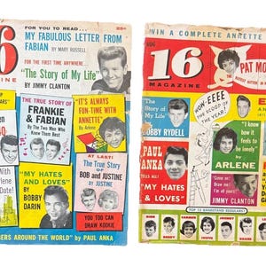 May include: Two vintage 16 Magazine covers. The February issue features Fabian, Jimmy Clanton, and Bobby Darin. The August issue features Bobby Rydell, Paul Anka, and Elvis. Both covers have colorful graphics and text.