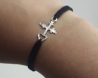 Milagro Cross - Handmade Sterling Silver Sideways Cross Black String Bracelet