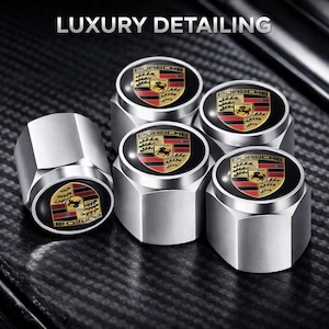 5 Pcs Porsche Silver Valve Aluminum Stem Caps with Colored Crest Set 99104460267