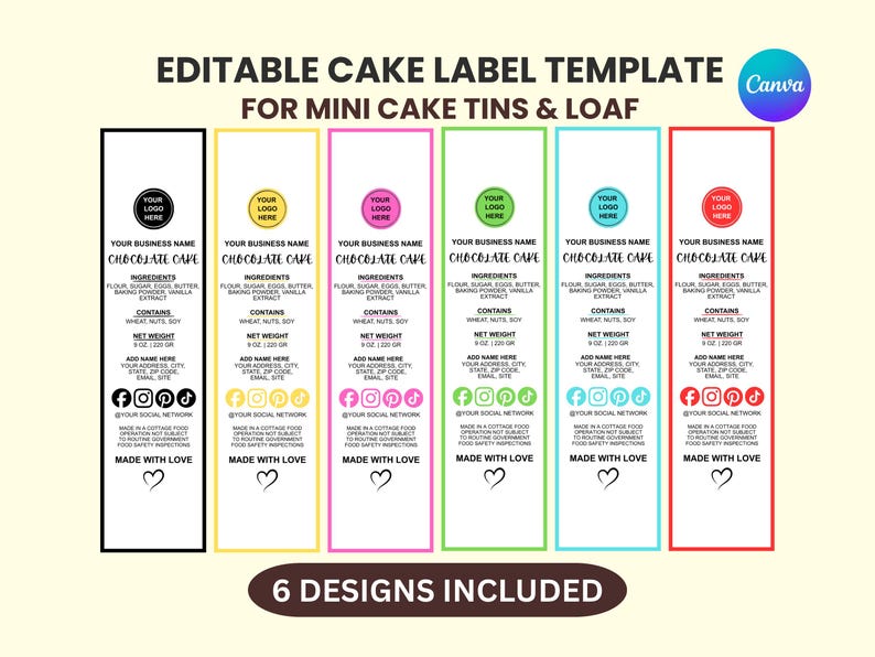 Cake Label Template | 6X Mini Cake Tin Label Template | Editable Bakery ...