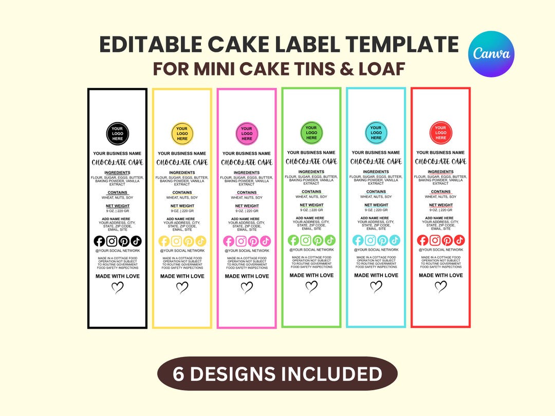 Cake Label Template | 6X Mini Cake Tin Label Template | Editable Bakery ...