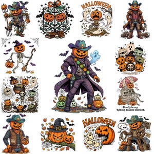Puede incluir: Una colección de doce ilustraciones temáticas de Halloween con personajes de cabeza de calabaza, esqueletos, fantasmas y murciélagos. Los diseños incluyen vaqueros, escenas espeluznantes y motivos festivos con paletas de colores naranja, morado y negro.