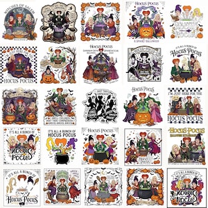 May include: A collection of twenty-five square graphic designs featuring the Sanderson sisters from Hocus Pocus, including illustrations of cauldrons, pumpkins, bats, spellbooks, and text such as I Smell Children and It's All A Bunch Of Hocus Pocus.