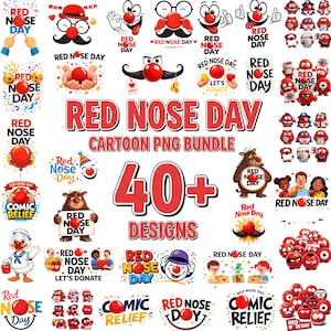 Op de afbeelding: Een bundel van meer dan 40 cartoon PNG-ontwerpen voor Red Nose Day. De afbeeldingen bevatten rode neuzen, tekst en verschillende personages, waaronder een clown, een eend en een harig monster. De ontwerpen zijn in rood, wit en zwart.