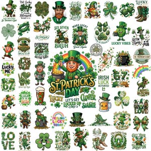 May include: A collection of St. Patrick's Day themed graphics in shades of green, featuring leprechauns, shamrocks, rainbows, and text like "Lucky," "Irish Luck," and "St. Patrick's Day." The designs vary from cartoon illustrations to decorative elements.
