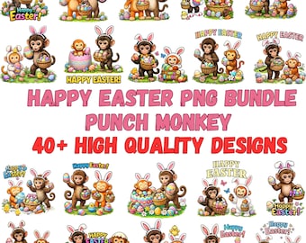 Punch Monkey Happy Easter PNG Bundle, Funny Monkey Designs, Sublimation Clipart (Digital Download)