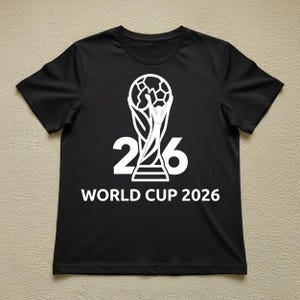May include: Black t-shirt with a white graphic of the World Cup trophy and the text "26 WORLD CUP 2026". The shirt is made of a soft material and has short sleeves.