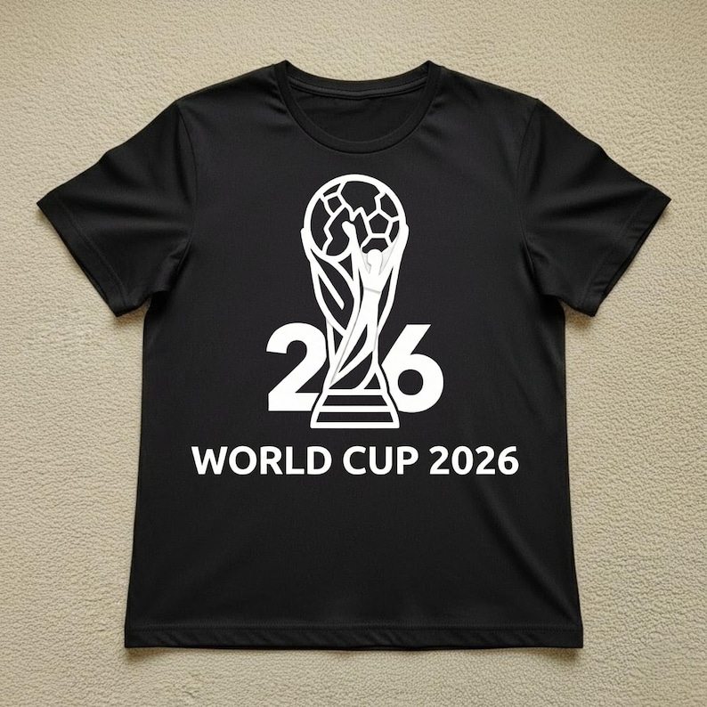May include: Black t-shirt with a white graphic of the World Cup trophy and the text "26 WORLD CUP 2026". The shirt is made of a soft material and has short sleeves.