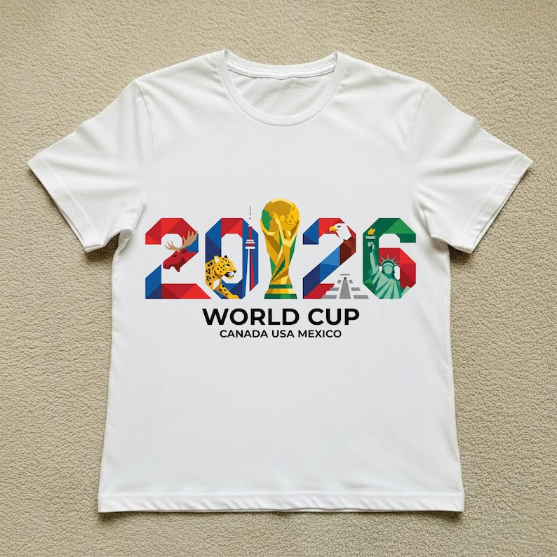 May include: White t-shirt featuring the text "2026 WORLD CUP CANADA USA MEXICO" in colorful block letters. The design includes a trophy, a moose, a jaguar, an eagle, and the Statue of Liberty.