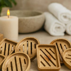 May include: A collection of wooden soap dishes in various shapes, including oval and square, with slotted designs. The natural wood color complements the spa-like setting, with a lit candle and rolled white towels in the background.