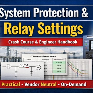 May include: Image of a book cover titled "System Protection & Relay Settings" with the subtitle "Crash Course & Engineer Handbook." The background features power lines and a control panel. Additional text includes "Practical - Vendor Neutral - On-Demand."
