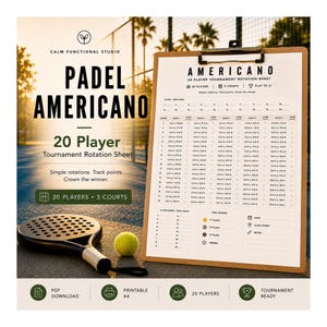 Peut inclure: Une feuille de rotation de tournoi de padel avec le mot "AMERICANO" en haut. La feuille est conçue pour 20 joueurs et 5 courts. Une raquette de padel et une balle jaune sont au premier plan.
