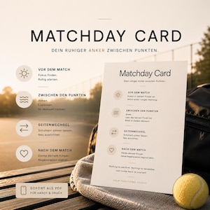 Könnte beinhalten: Eine weiße Matchday-Karte mit schwarzem Text, ein gelber Tennisball und ein Handtuch. Die Karte enthält Anweisungen für vor, während und nach einem Spiel. Der Text enthält "Matchday Card" und "Calm Functional Studio".