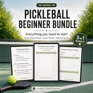 May include: A digital pickleball beginner bundle with a rules cheat sheet, score sheet, and match tracker. The image shows a pickleball paddle, ball, and three digital documents with text. The bundle is labeled as a 3-in-1 bundle.