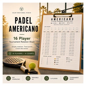 Peut inclure: Une feuille de rotation de tournoi de padel avec le mot "AMERICANO" en haut. La feuille est pour 16 joueurs et comprend un espace pour les scores et les classements. Une raquette et une balle de padel sont au premier plan. Le texte "16 Player Tournament Rotation Sheet" est également visible.