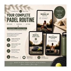 Könnte beinhalten: Werbung für eine komplette Padel-Routine mit drei Produkten und einem mentalen Reset. Das Bild zeigt ein Tablet mit einer Aufwärmroutine, einer Mental-Reset-Karte und einer Erholungsroutine. Eine grüne Wasserflasche ist ebenfalls zu sehen.