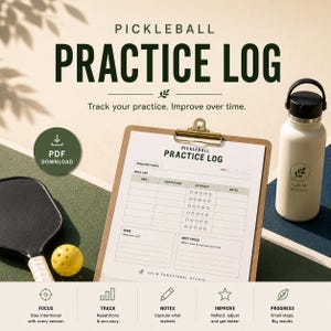 Könnte beinhalten: Ein Pickleball-Übungsprotokoll auf einem Klemmbrett, ein schwarzer Schläger, ein gelber Ball und eine weiße Trinkflasche. Das Protokoll enthält Abschnitte für Übungen, Wiederholungen, Genauigkeit, Erfolge und Fokus. Text: PDF DOWNLOAD und CALM FUNCTIONAL STUDIO.
