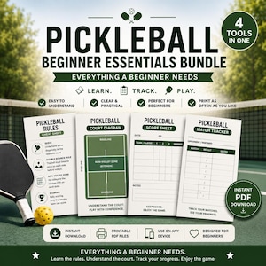 Pickleball Beginner Essentials Bundle PDF | Rules Cheat Sheet, Court Diagram, Score Sheet & Match Tracker | Printable Pickleball Starter Kit