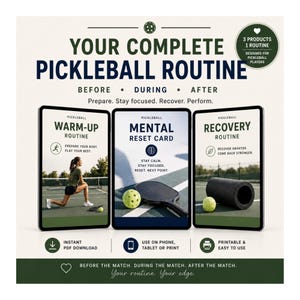 Könnte beinhalten: Werbung für eine komplette Pickleball-Routine mit drei digitalen Produkten: einer Aufwärmroutine, einer Mental-Reset-Karte und einer Erholungsroutine. Das Bild enthält den Text "Ihre komplette Pickleball-Routine" und "Vor, Während, Nach".