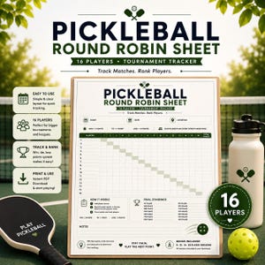 Pickleball Round Robin Sheet 16 Players | Tournament Tracker PDF | Match Chart Printable | League Score Sheet