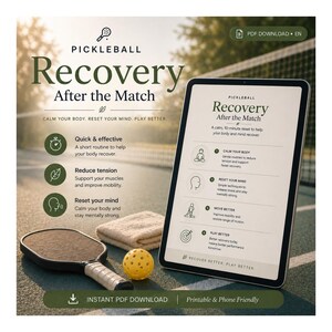 Könnte beinhalten: Ein digitales Tablet zeigt "Pickleball Recovery After the Match" mit einer 10-Minuten-Reset-Routine. Ein Pickleball-Schläger, ein Ball und ein Handtuch liegen auf einer grünen Oberfläche. Der Text enthält "Quick & effective" und "Reduce tension."