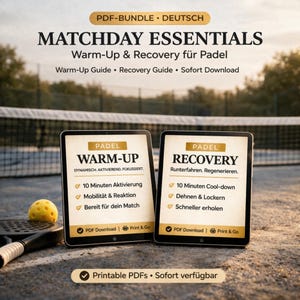 May include: A promotional image for a padel warm-up and recovery guide. Two tablets display "Warm-Up" and "Recovery" information. The image includes a padel racket and ball, with text in German, promoting downloadable PDFs.