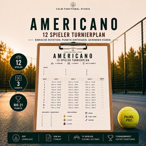 Peut inclure: Un presse-papier affichant un plan de tournoi Americano pour 12 joueurs avec des colonnes pour les tours, les courts et les scores. Le document inclut des sections pour les noms, classements, date, club et notes, avec une balle de padel jaune.