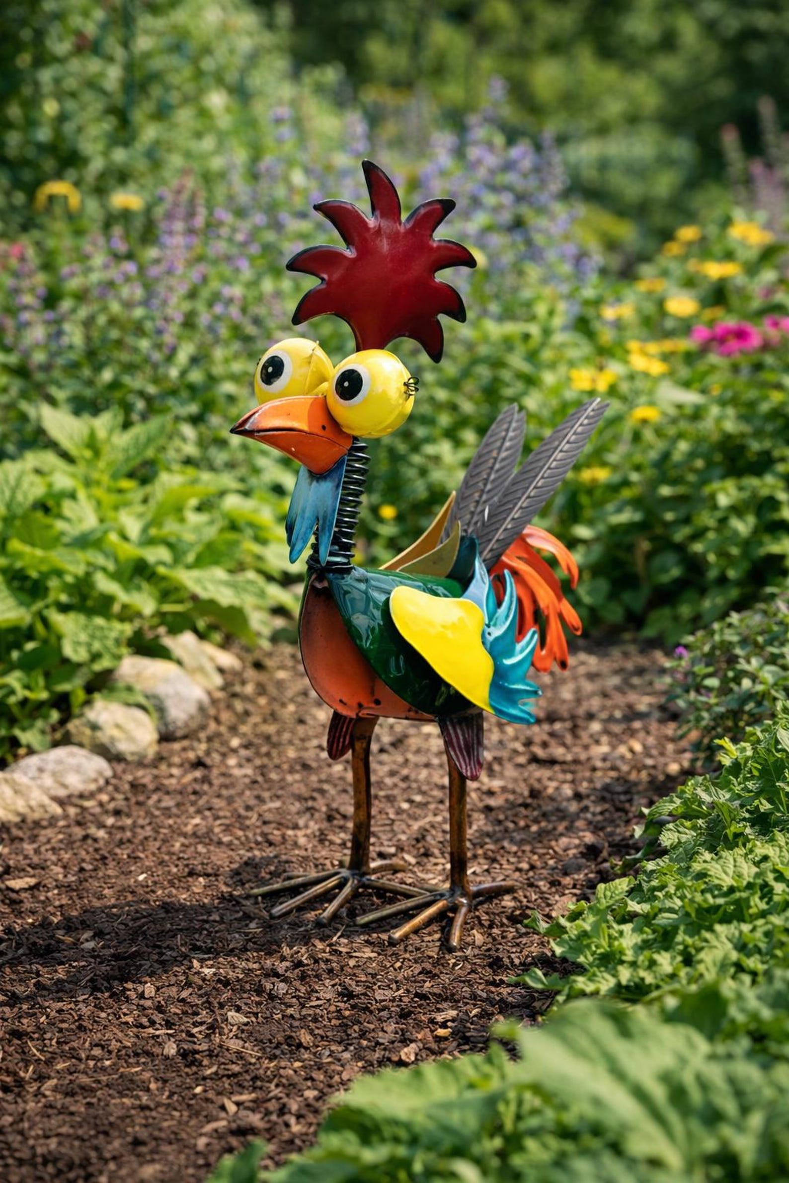 Metal Chicken Garden Decor – Colorful Rooster Yard Art, Outdoor Garden ...