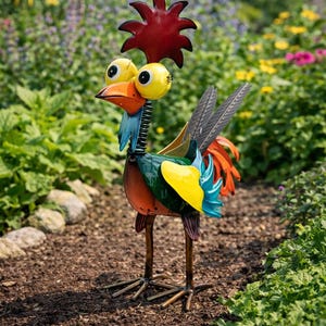 Metal Chicken Garden Decor – Colorful Rooster Yard Art, Outdoor Garden ...
