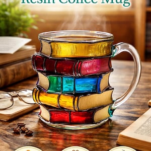May include: A resin coffee mug shaped like a stack of colorful books. The mug is filled with hot coffee, and the design includes vibrant colors. The mug has a 16 oz capacity.