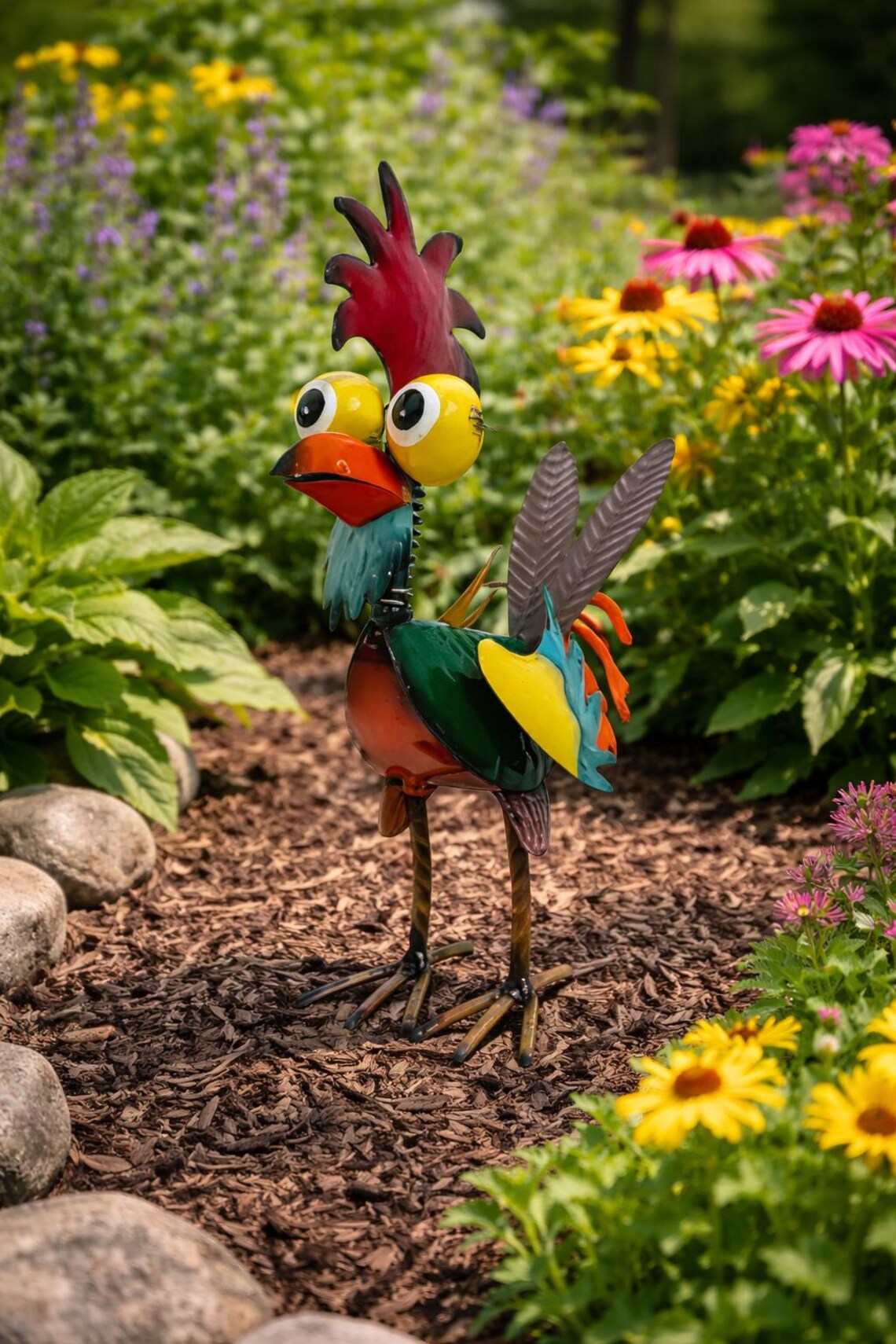 Metal Chicken Garden Decor – Colorful Rooster Yard Art, Outdoor Garden ...