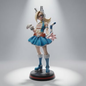 Puede incluir: Una figura detallada de estilo anime de un personaje con cabello rubio, que viste una blusa sin mangas azul y blanca, una falda azul a juego, guantes blancos y botas azules. El personaje tiene una cola, un casco y se apoya en una base negra.