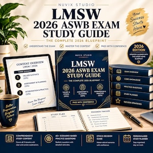 May include: A dark blue LMSW 2026 ASWB Exam Study Guide book, a tablet displaying content overview, a spiral-bound study plan, and a stack of five dark blue books labeled Exam Overview, Core Knowledge, Practice Questions, Study Planner, and Success Strategies.