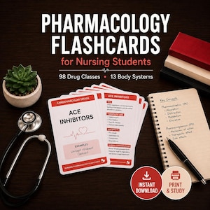 Farmakologikort för sjuksköterskestudenter | NCLEX Pharm-studiekort | 98 läkemedelskurser | Utskrivbar digital nedladdning