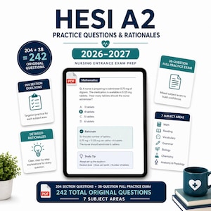Op de afbeelding: Een digitale tablet toont een HESI A2 2026-2027 voorbereidingsgids voor het verpleegkunde-toelatingsexamen met oefenvragen en uitleg. Het scherm toont een wiskundesom over digoxine-dosering. Omliggende kaarten benadrukken 242 originele vragen, 7 vakgebieden en gedetailleerde uitleg voor verpleegkundestudenten.