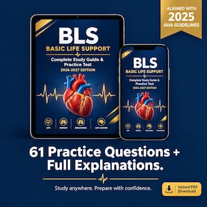 Puede incluir: Una tableta y un teléfono inteligente muestran una guía de estudio y examen de práctica de BLS Basic Life Support para la edición 2026-2027. La portada presenta una ilustración de un corazón humano, líneas de ECG e iconos de RCP y respiración.