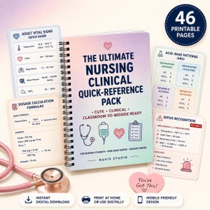 Può includere: Un manuale di riferimento clinico per infermieri con rilegatura a spirale, copertina sfumata pastello, icone mediche e testo. Include schede stampabili su segni vitali, calcoli di dosaggio, pattern acido-base e riconoscimento della sepsi.