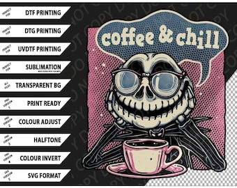 Kaffe & Chill skelett-T-shirt, gotisk dödskalle-T-shirt Png SVG digitalt paket