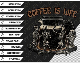 Kaffeskelett T-shirt, gotisk Halloween-t-shirt Png SVG digitalt paket