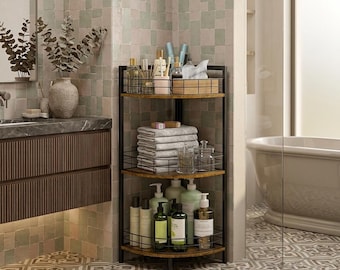 Estantería esquinera de 3 niveles para baño y cocina, ideal para organizar el almacenamiento, guardar maquillaje, exhibir objetos, toallero de pie o decorar el baño.