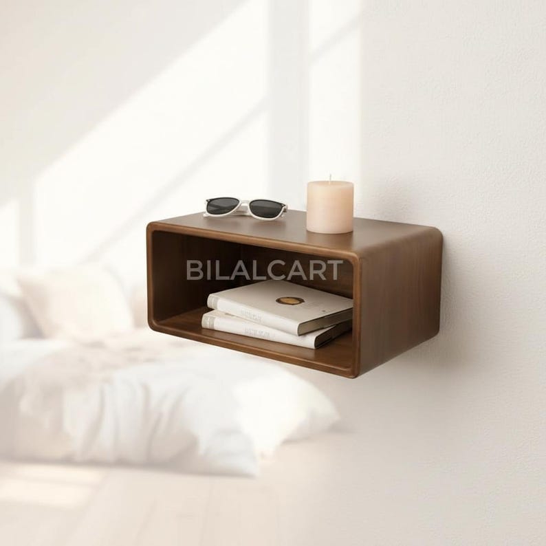 Puede incluir: Una estanter&iacute;a flotante rectangular de color marr&oacute;n oscuro con bordes redondeados, montada en una pared blanca. La estanter&iacute;a contiene unas gafas de sol, una vela y dos libros. El texto "BILALCART" es visible en la parte delantera de la estanter&iacute;a.