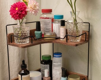 Estante esquinero de madera de 2 niveles para baño / Organizador de baño / Organizador de maquillaje / Decoración de baño / Organizador de tocador