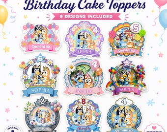 Editable Birthday Cake Topper PNG | Cartoon Blue Dog Kids Party Printable | Dog Family Characters Party Decor | Instant Digital Download