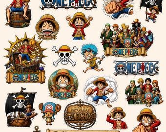 Könnte beinhalten: Eine Sammlung farbenfroher One Piece-Aufkleber mit verschiedenen Charakteren und Logos. Die Aufkleber zeigen Bilder von Monkey D. Luffy, dem Jolly Roger und dem Text "ONE PIECE". Die Aufkleber sind in verschiedenen Posen und Umgebungen.