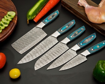 Hand Forged Damascus steel Kitchen knife set Wood handle And Steel Bolster Gift For Him