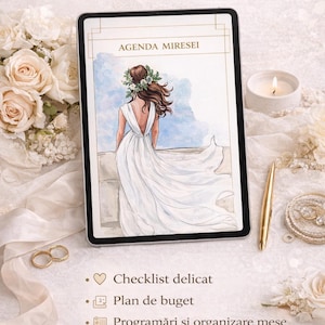 May include: Digital wedding planner displayed on a tablet. The screen shows a watercolor illustration of a bride in a white dress. The image includes a checklist, budget plan, and schedule. The text reads "Wedding Planner Digital" and "Agenda Miresei."