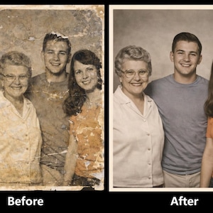 May include: A side-by-side comparison of a restored family photo. The "Before" image shows a damaged, faded photograph of four people. The "After" image is a restored version of the same family, with improved clarity and color.